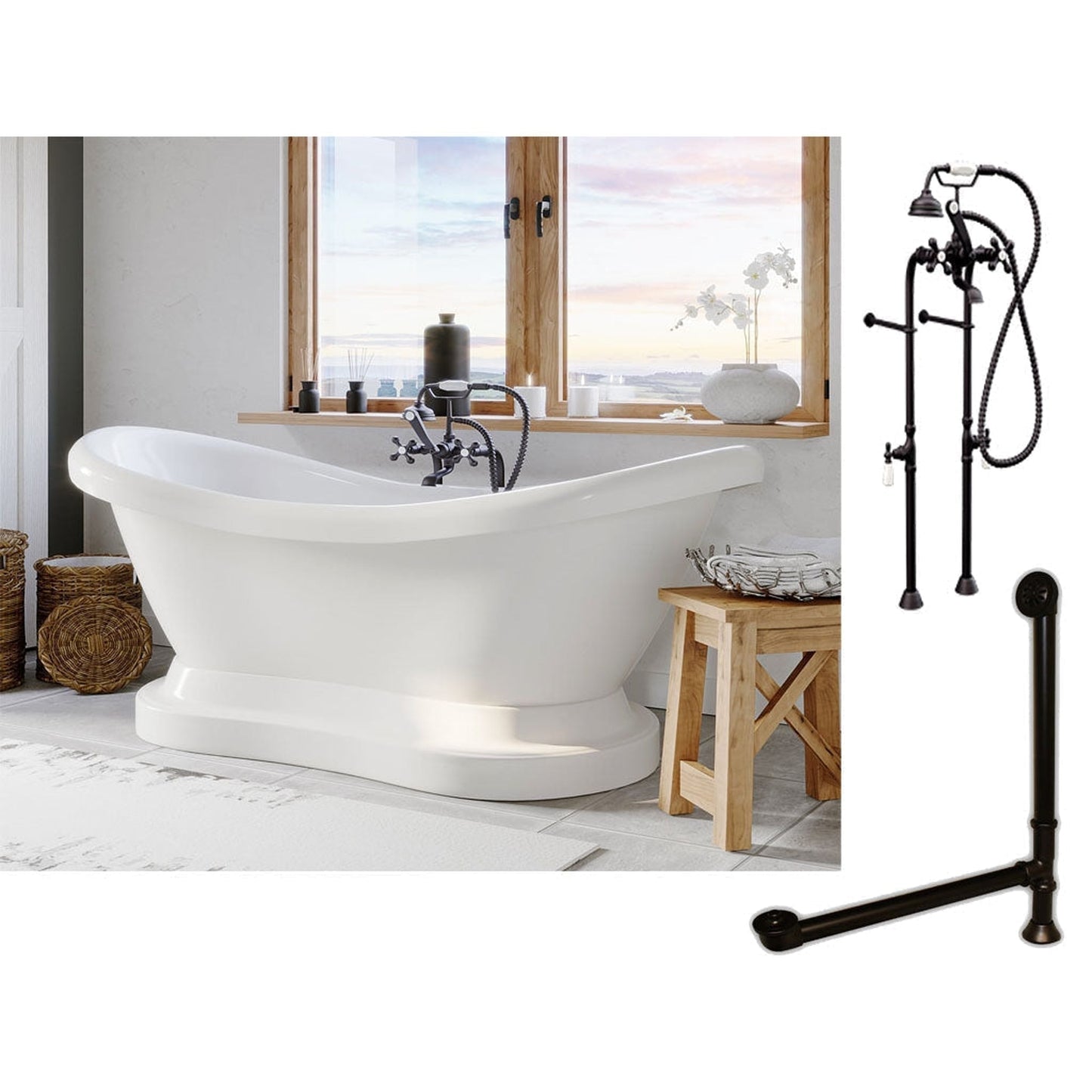 Cambridge Plumbing 69" White Double Slipper Pedestal Acrylic Bathtub With No Deck Holes And Complete Plumbing Package Including Floor Mounted British Telephone Faucet, Drain And Overflow Assembly In Oil Rubbed Bronze