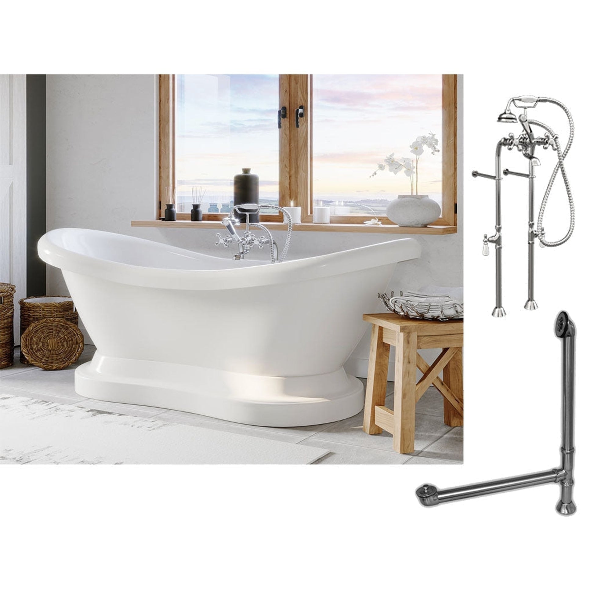 Cambridge Plumbing 69" White Double Slipper Pedestal Acrylic Bathtub With No Deck Holes And Complete Plumbing Package Including Floor Mounted British Telephone Faucet, Drain And Overflow Assembly In Polished Chrome