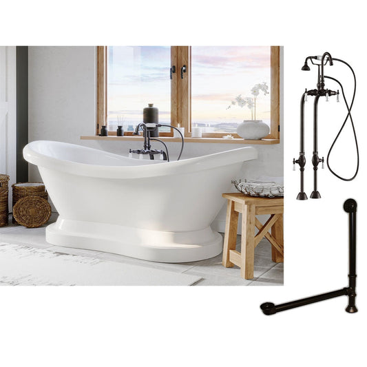 Cambridge Plumbing 69" White Double Slipper Pedestal Acrylic Bathtub With No Deck Holes And Complete Plumbing Package Including Freestanding English Telephone Gooseneck Faucet, Drain And Overflow Assembly In Oil Rubbed Bronze