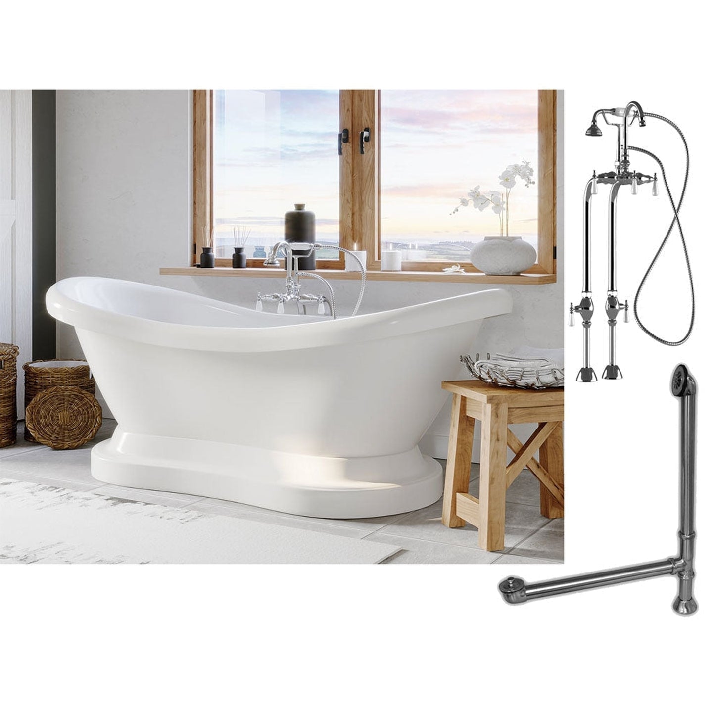 Cambridge Plumbing 69" White Double Slipper Pedestal Acrylic Bathtub With No Deck Holes And Complete Plumbing Package Including Freestanding English Telephone Gooseneck Faucet, Drain And Overflow Assembly In Polished Chrome