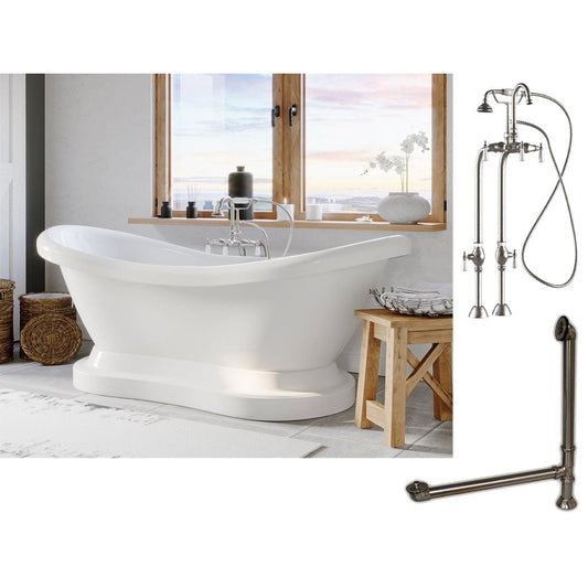 Cambridge Plumbing 69" White Double Slipper Pedestal Acrylic Bathtub With No Deck Holes And Complete Plumbing Package Including Freestanding English Telephone Gooseneck Faucet, Drain And Overflow Assembly In Brushed Nickel