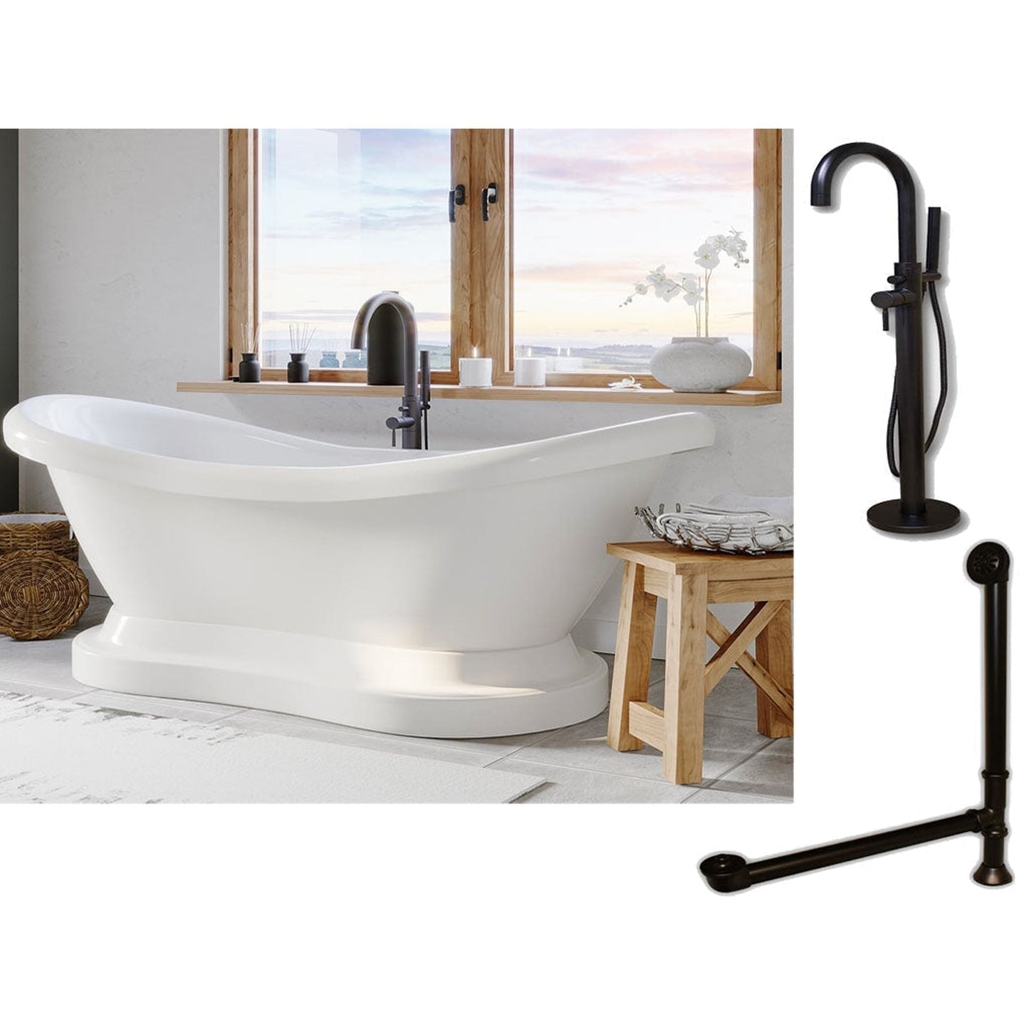 Cambridge Plumbing 69" White Double Slipper Pedestal Acrylic Bathtub With No Deck Holes And Complete Plumbing Package Including Modern Floor Mounted Faucet, Drain And Overflow Assembly In Oil Rubbed Bronze