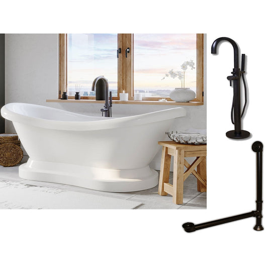 Cambridge Plumbing 69" White Double Slipper Pedestal Acrylic Bathtub With No Deck Holes And Complete Plumbing Package Including Modern Floor Mounted Faucet, Drain And Overflow Assembly In Oil Rubbed Bronze