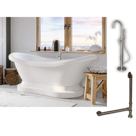 Cambridge Plumbing 69" White Double Slipper Pedestal Acrylic Bathtub With No Deck Holes And Complete Plumbing Package Including Modern Floor Mounted Faucet, Drain And Overflow Assembly In Brushed Nickel