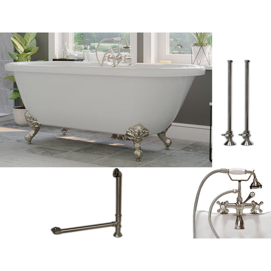 Cambridge Plumbing 70" White Acrylic Double Ended Clawfoot Bathtub With Deck Holes And Complete Plumbing Package Including 2” Riser Deck Mount Faucet, Supply Lines, Drain And Overflow Assembly In Brushed Nickel