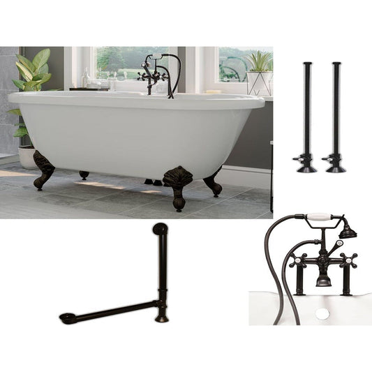 Cambridge Plumbing 70" White Acrylic Double Ended Clawfoot Bathtub With Deck Holes And Complete Plumbing Package Including 6” Riser Deck Mount Faucet, Supply Lines, Drain And Overflow Assembly In Polished Chrome