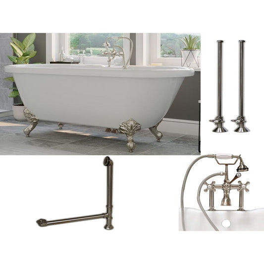 Cambridge Plumbing 70" White Acrylic Double Ended Clawfoot Bathtub With Deck Holes And Complete Plumbing Package Including 6” Riser Deck Mount Faucet, Supply Lines, Drain And Overflow Assembly In Brushed Nickel