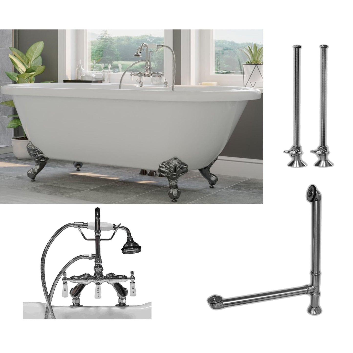 Cambridge Plumbing 70" White Acrylic Double Ended Clawfoot Bathtub With Deck Holes And Complete Plumbing Package Including Porcelain Lever English Telephone Brass Faucet, Supply Lines, Drain And Overflow Assembly In Polished Chrome