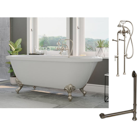 Cambridge Plumbing 70" White Acrylic Double Ended Clawfoot Bathtub With No Deck Holes And Complete Plumbing Package Including Floor Mounted British Telephone Faucet, Drain And Overflow Assembly In Brushed Nickel