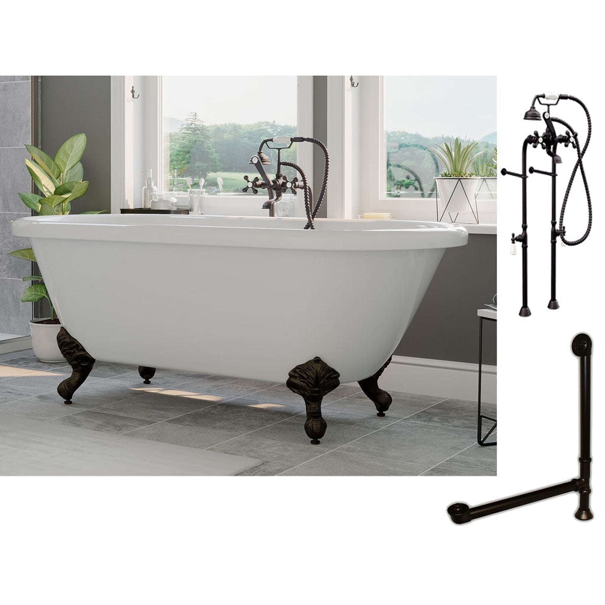 Cambridge Plumbing 70" White Acrylic Double Ended Clawfoot Bathtub With No Deck Holes And Complete Plumbing Package Including Floor Mounted British Telephone Faucet, Drain And Overflow Assembly In Oil Rubbed Bronze