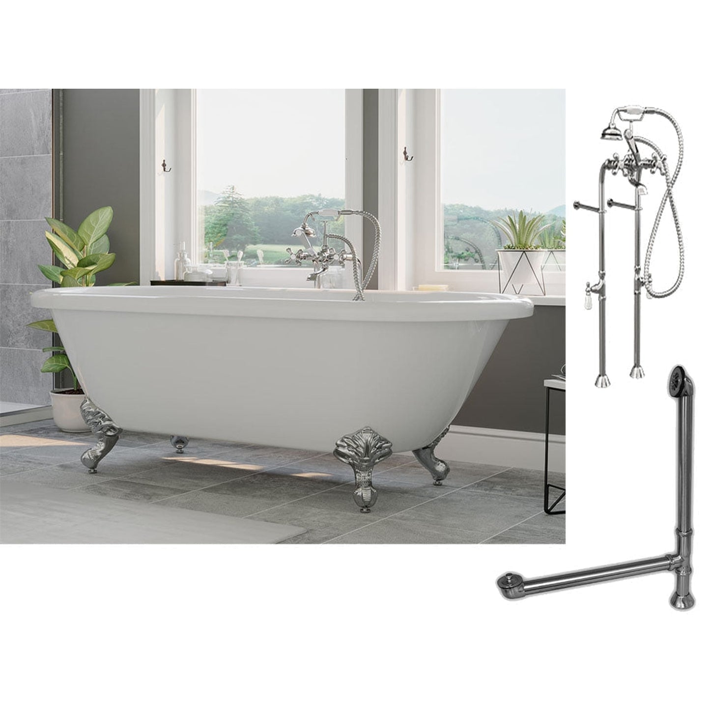 Cambridge Plumbing 70" White Acrylic Double Ended Clawfoot Bathtub With No Deck Holes And Complete Plumbing Package Including Floor Mounted British Telephone Faucet, Drain And Overflow Assembly In Polished Chrome