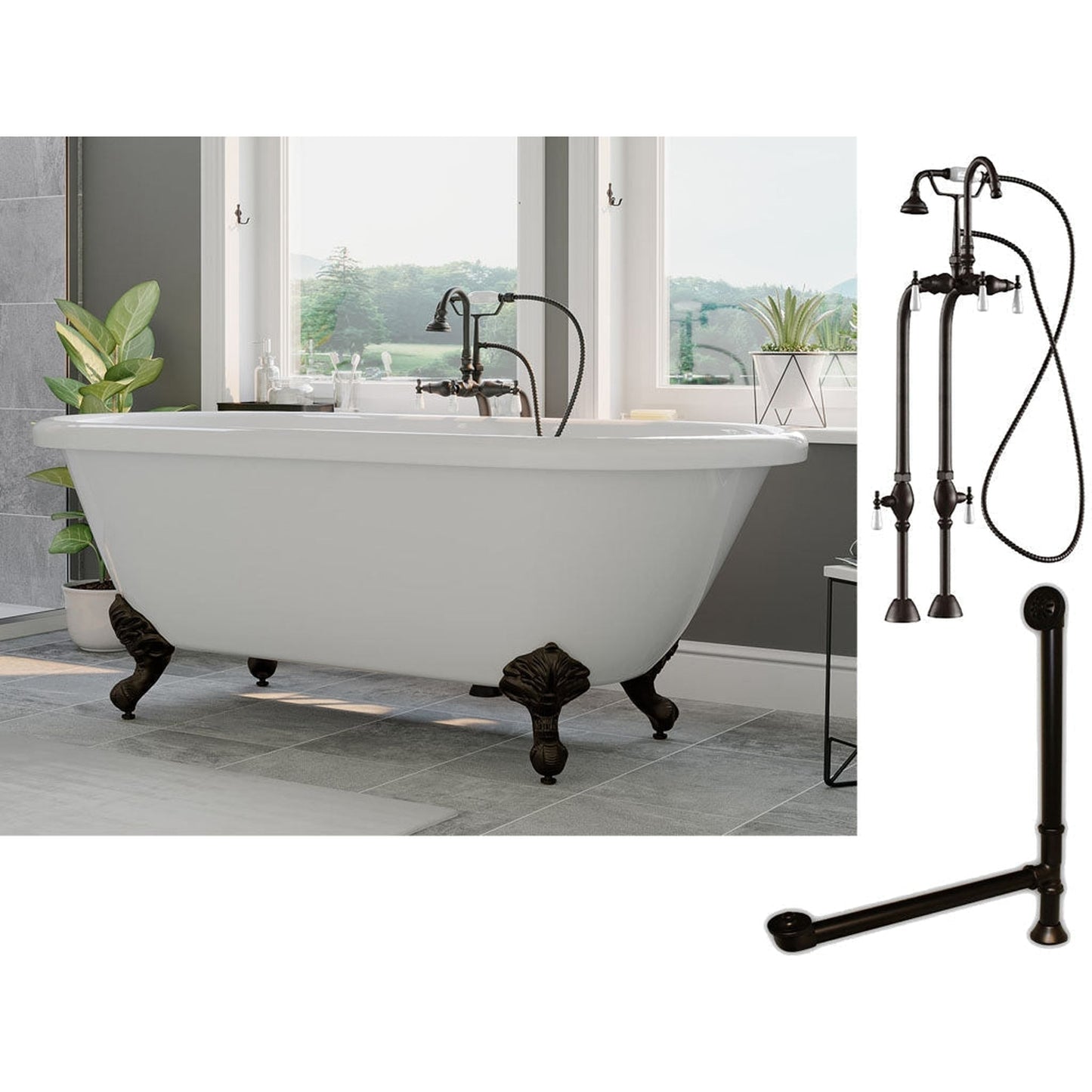 Cambridge Plumbing 70" White Acrylic Double Ended Clawfoot Bathtub With No Deck Holes And Complete Plumbing Package Including Freestanding English Telephone Gooseneck Faucet, Drain And Overflow Assembly In Oil Rubbed Bronze