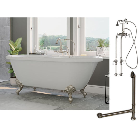 Cambridge Plumbing 70" White Acrylic Double Ended Clawfoot Bathtub With No Deck Holes And Complete Plumbing Package Including Freestanding English Telephone Gooseneck Faucet, Drain And Overflow Assembly In Polished Chrome
