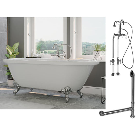 Cambridge Plumbing 70" White Acrylic Double Ended Clawfoot Bathtub With No Deck Holes And Complete Plumbing Package Including Freestanding English Telephone Gooseneck Faucet, Drain And Overflow Assembly In Polished Chrome