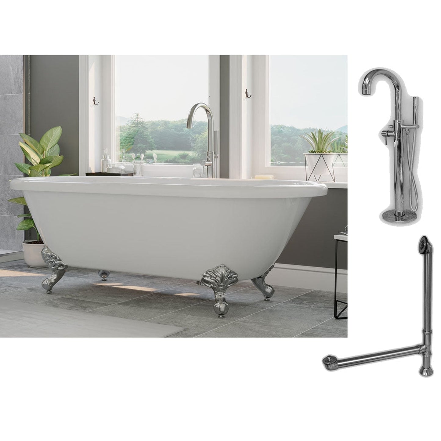 Cambridge Plumbing 70" White Acrylic Double Ended Clawfoot Bathtub With No Deck Holes And Complete Plumbing Package Including Modern Floor Mounted Faucet, Drain And Overflow Assembly In Polished Chrome