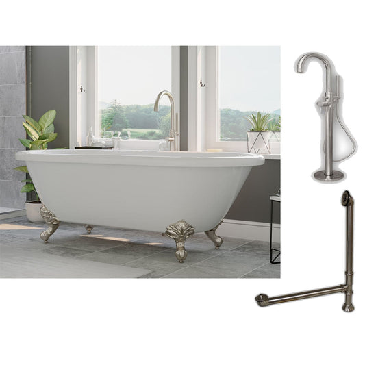 Cambridge Plumbing 70" White Acrylic Double Ended Clawfoot Bathtub With No Deck Holes And Complete Plumbing Package Including Modern Floor Mounted Faucet, Drain And Overflow Assembly In Brushed Nickel