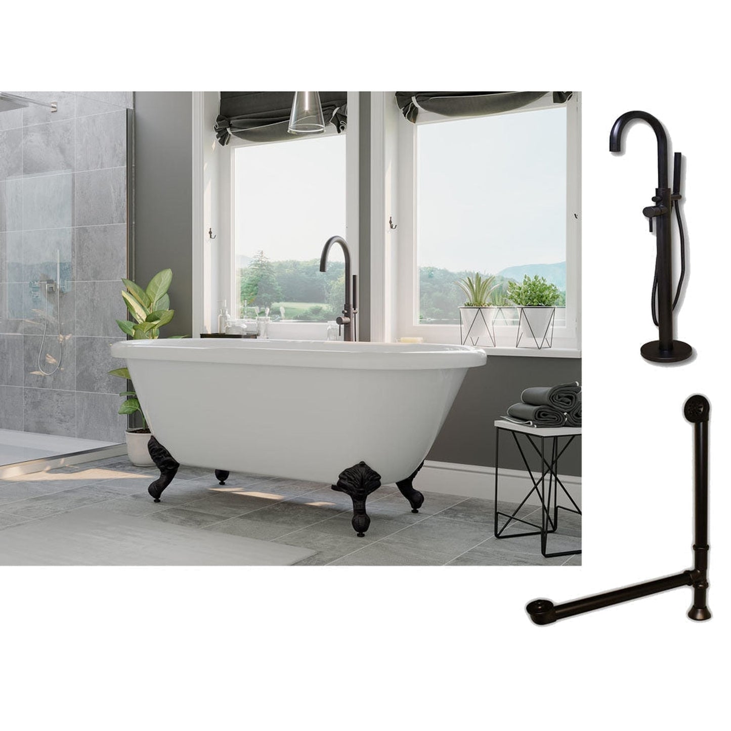 Cambridge Plumbing 70" White Acrylic Double Ended Clawfoot Bathtub With No Deck Holes And Complete Plumbing Package Including Modern Floor Mounted Faucet, Drain And Overflow Assembly In Oil Rubbed Bronze