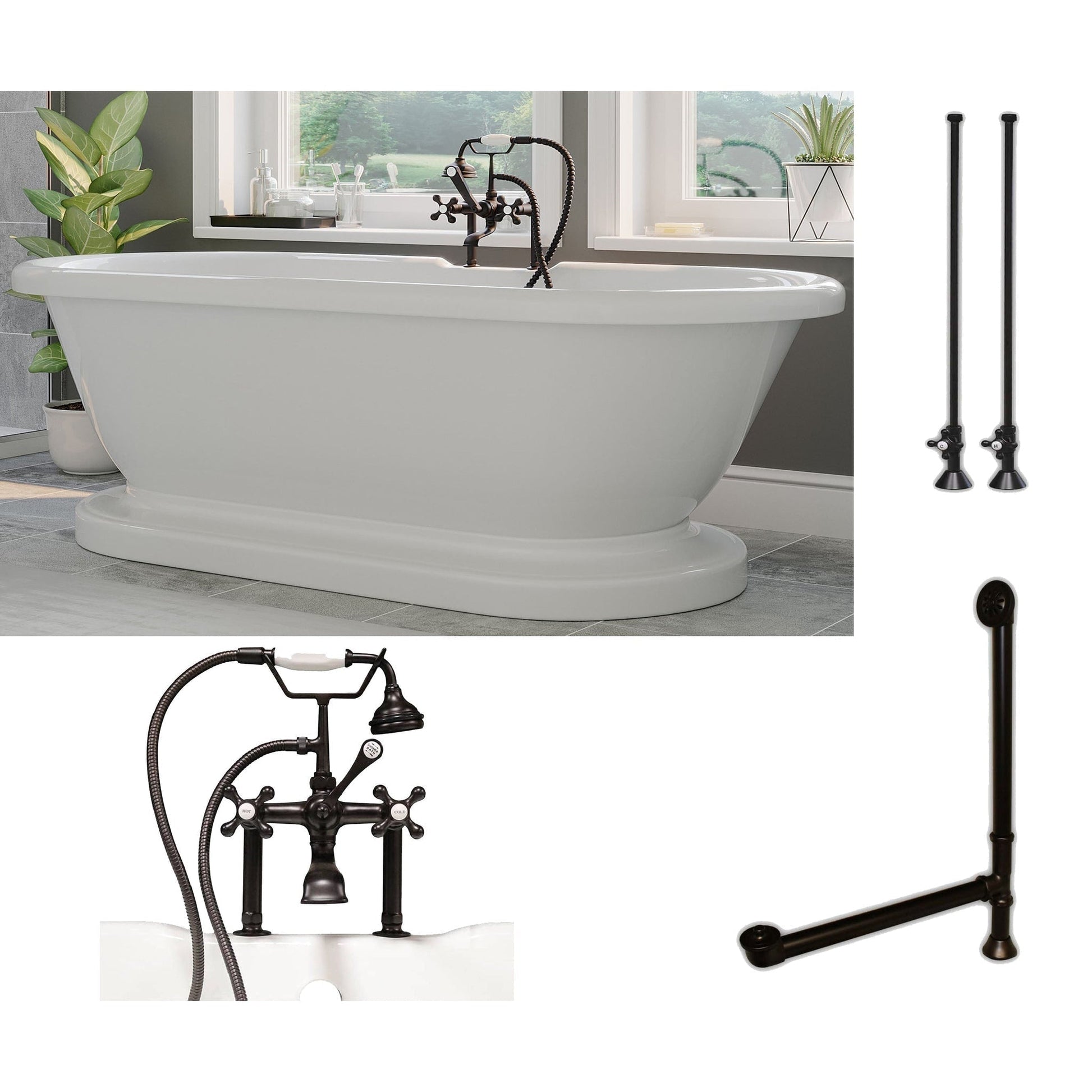 Cambridge Plumbing 70" White Acrylic Double Ended Pedestal Bathtub With Deck Holes And Complete Plumbing Package Including 6” Riser Deck Mount Faucet, Supply Lines, Drain And Overflow Assembly In Oil Rubbed Bronze