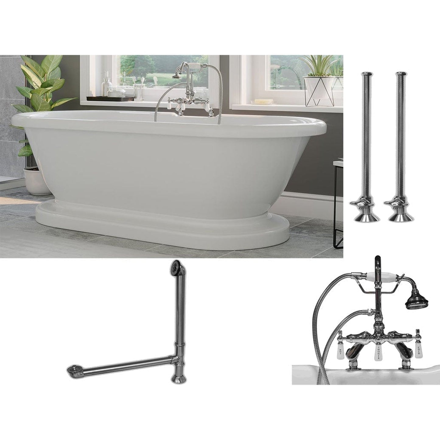 Cambridge Plumbing 70" White Acrylic Double Ended Pedestal Bathtub With Deck Holes And Complete Plumbing Package Including Porcelain Lever English Telephone Brass Faucet, Supply Lines, Drain And Overflow Assembly In Polished Chrome
