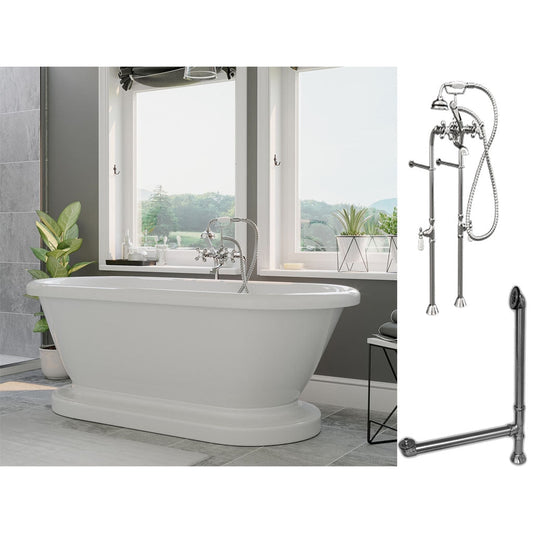 Cambridge Plumbing 70" White Acrylic Double Ended Pedestal Bathtub With No Deck Holes And Complete Plumbing Package Including Floor Mounted British Telephone Faucet, Drain And Overflow Assembly In Polished Chrome