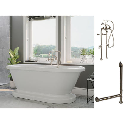 Cambridge Plumbing 70" White Acrylic Double Ended Pedestal Bathtub With No Deck Holes And Complete Plumbing Package Including Floor Mounted British Telephone Faucet, Drain And Overflow Assembly In Brushed Nickel