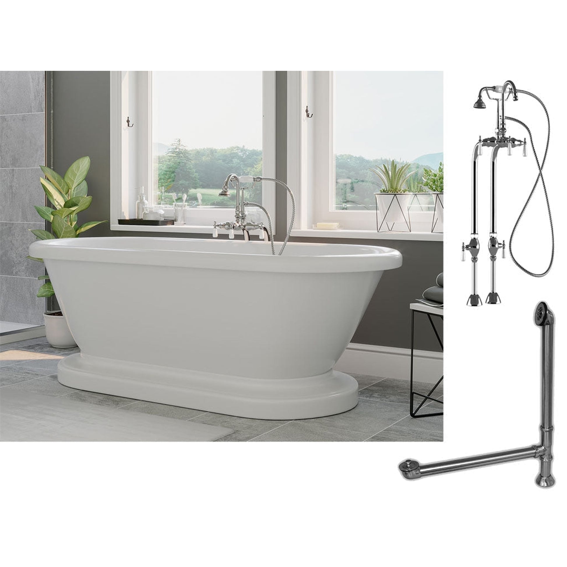 Cambridge Plumbing 70" White Acrylic Double Ended Pedestal Bathtub With No Deck Holes And Complete Plumbing Package Including Freestanding English Telephone Gooseneck Faucet , Drain And Overflow Assembly In Brushed Nickel