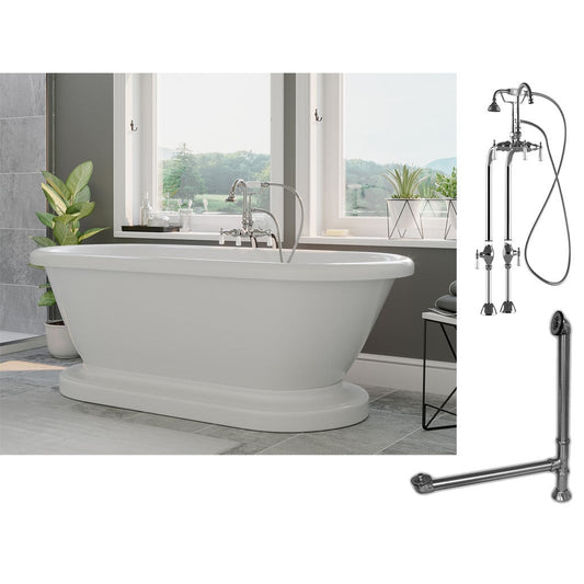 Cambridge Plumbing 70" White Acrylic Double Ended Pedestal Bathtub With No Deck Holes And Complete Plumbing Package Including Freestanding English Telephone Gooseneck Faucet , Drain And Overflow Assembly In Polished Chrome