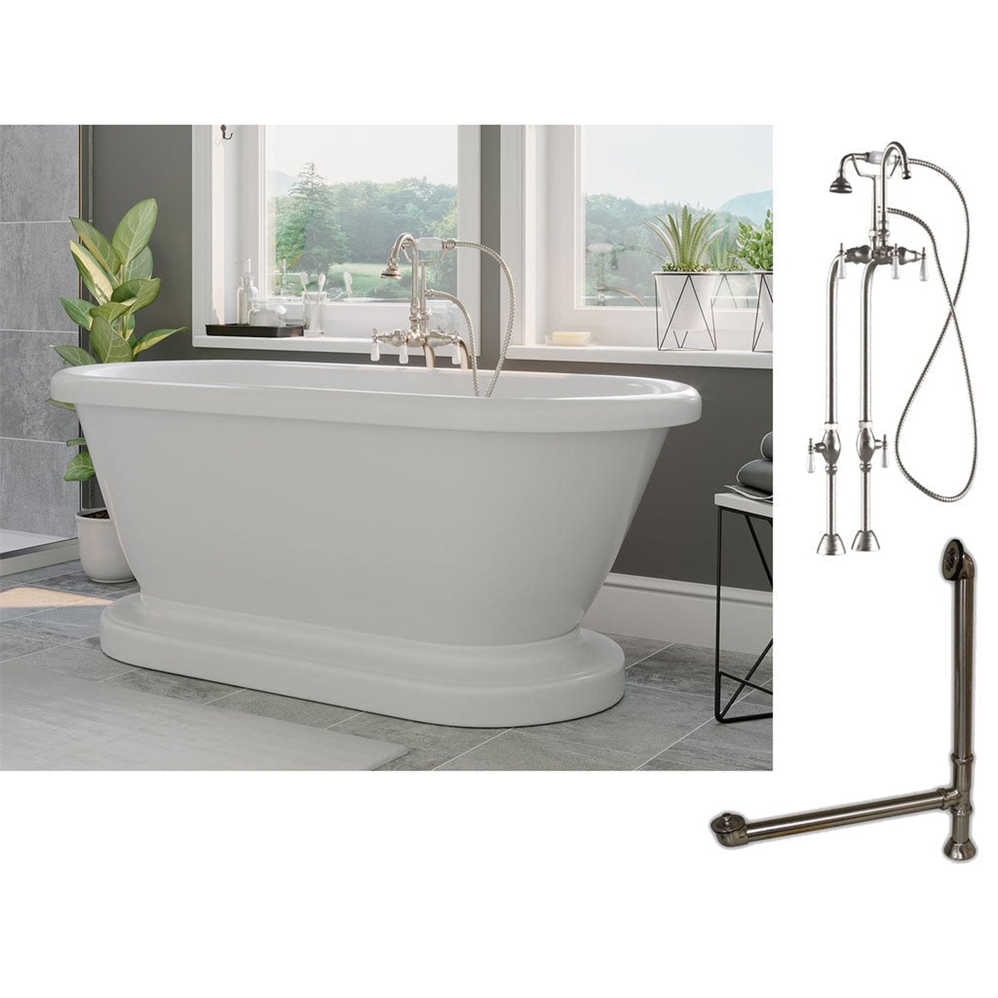 Cambridge Plumbing 70" White Acrylic Double Ended Pedestal Bathtub With No Deck Holes And Complete Plumbing Package Including Freestanding English Telephone Gooseneck Faucet , Drain And Overflow Assembly In Brushed Nickel