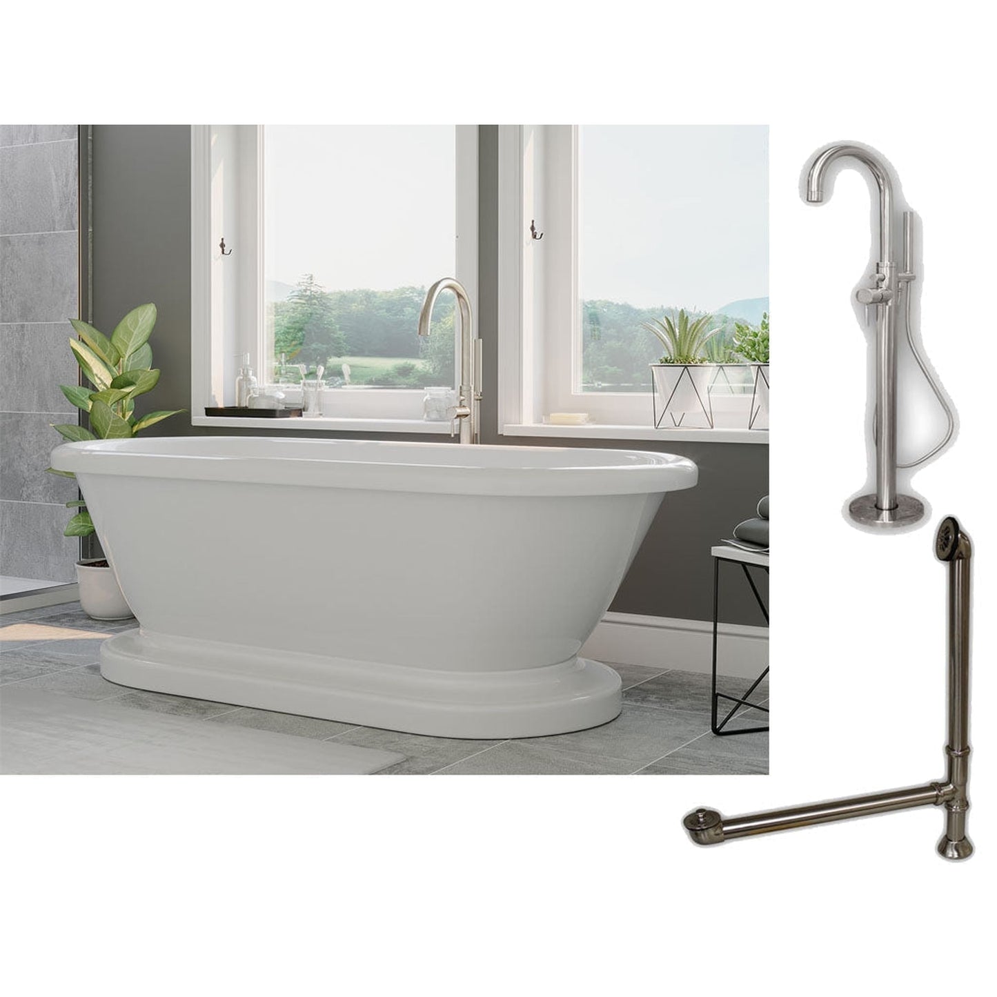 Cambridge Plumbing 70" White Acrylic Double Ended Pedestal Bathtub With No Deck Holes And Complete Plumbing Package Including Modern Floor Mounted Faucet, Drain And Overflow Assembly In Polished Chrome