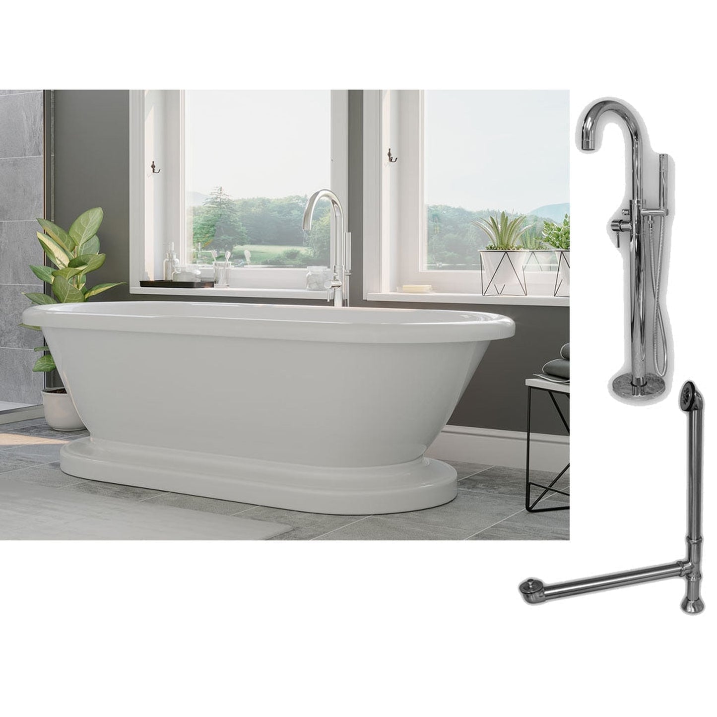 Cambridge Plumbing 70" White Acrylic Double Ended Pedestal Bathtub With No Deck Holes And Complete Plumbing Package Including Modern Floor Mounted Faucet, Drain And Overflow Assembly In Polished Chrome