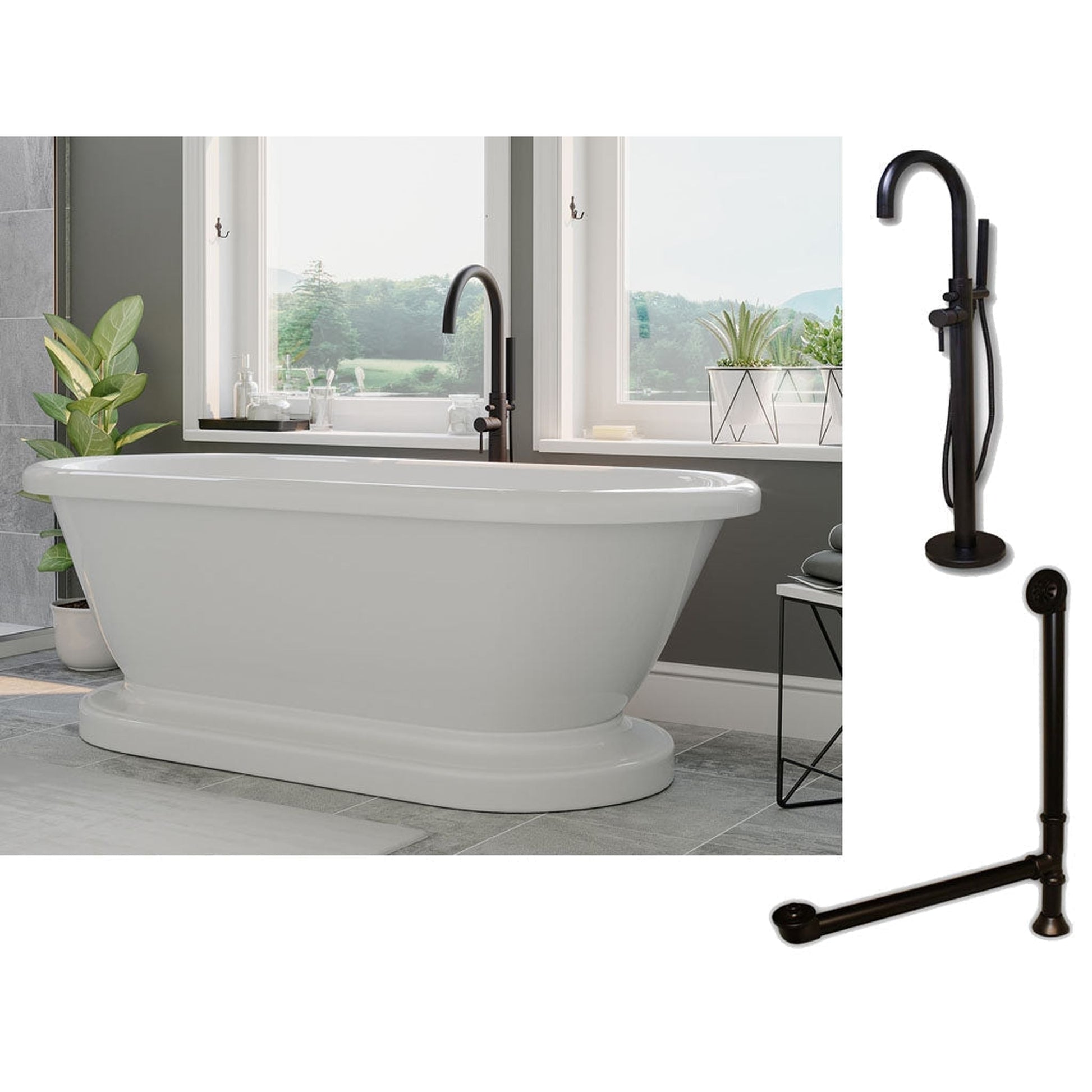 Cambridge Plumbing 70" White Acrylic Double Ended Pedestal Bathtub With No Deck Holes And Complete Plumbing Package Including Modern Floor Mounted Faucet, Drain And Overflow Assembly In Oil Rubbed Bronze
