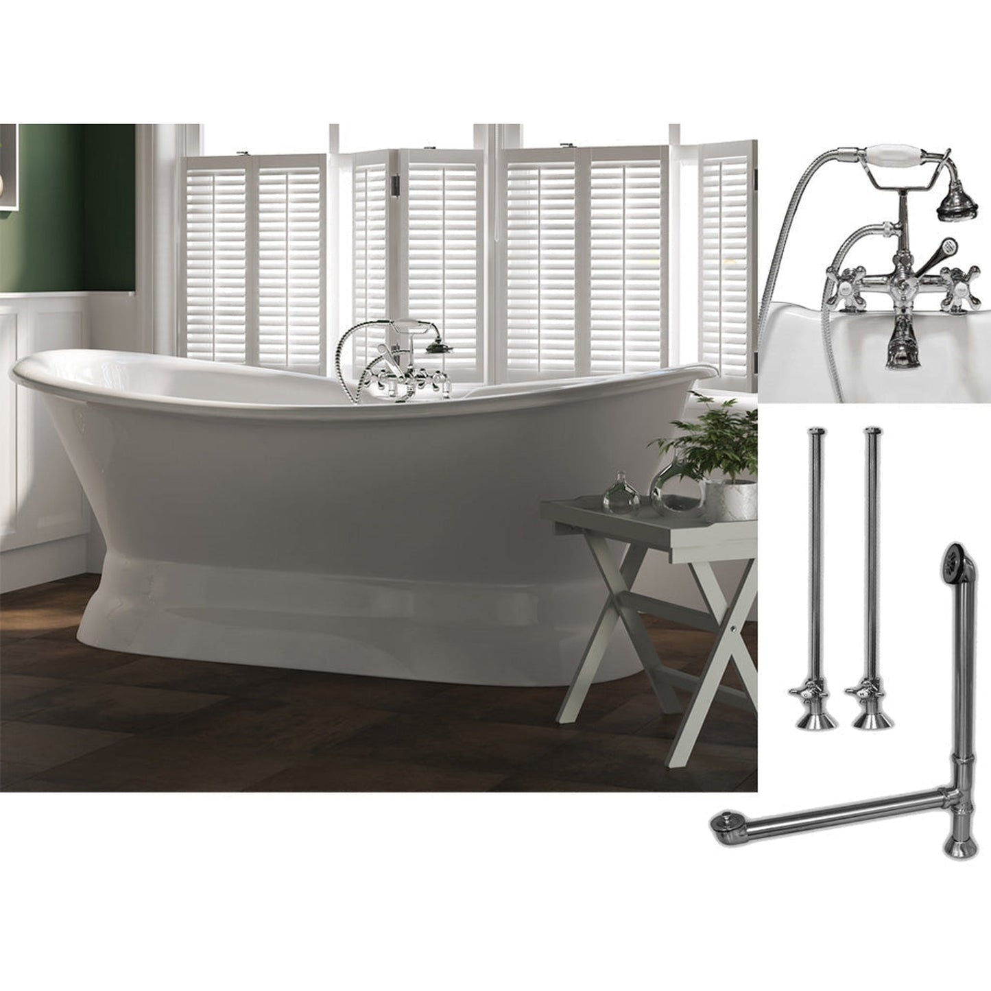 Cambridge Plumbing 71" White Cast Iron Double Slipper Pedestal Bathtub With Deck Holes And Complete Plumbing Package Including 2” Riser Deck Mount Faucet, Supply Lines, Drain And Overflow Assembly In Polished Chrome