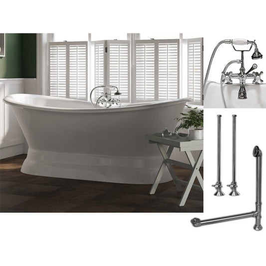 Cambridge Plumbing 71" White Cast Iron Double Slipper Pedestal Bathtub With Deck Holes And Complete Plumbing Package Including 2” Riser Deck Mount Faucet, Supply Lines, Drain And Overflow Assembly In Polished Chrome