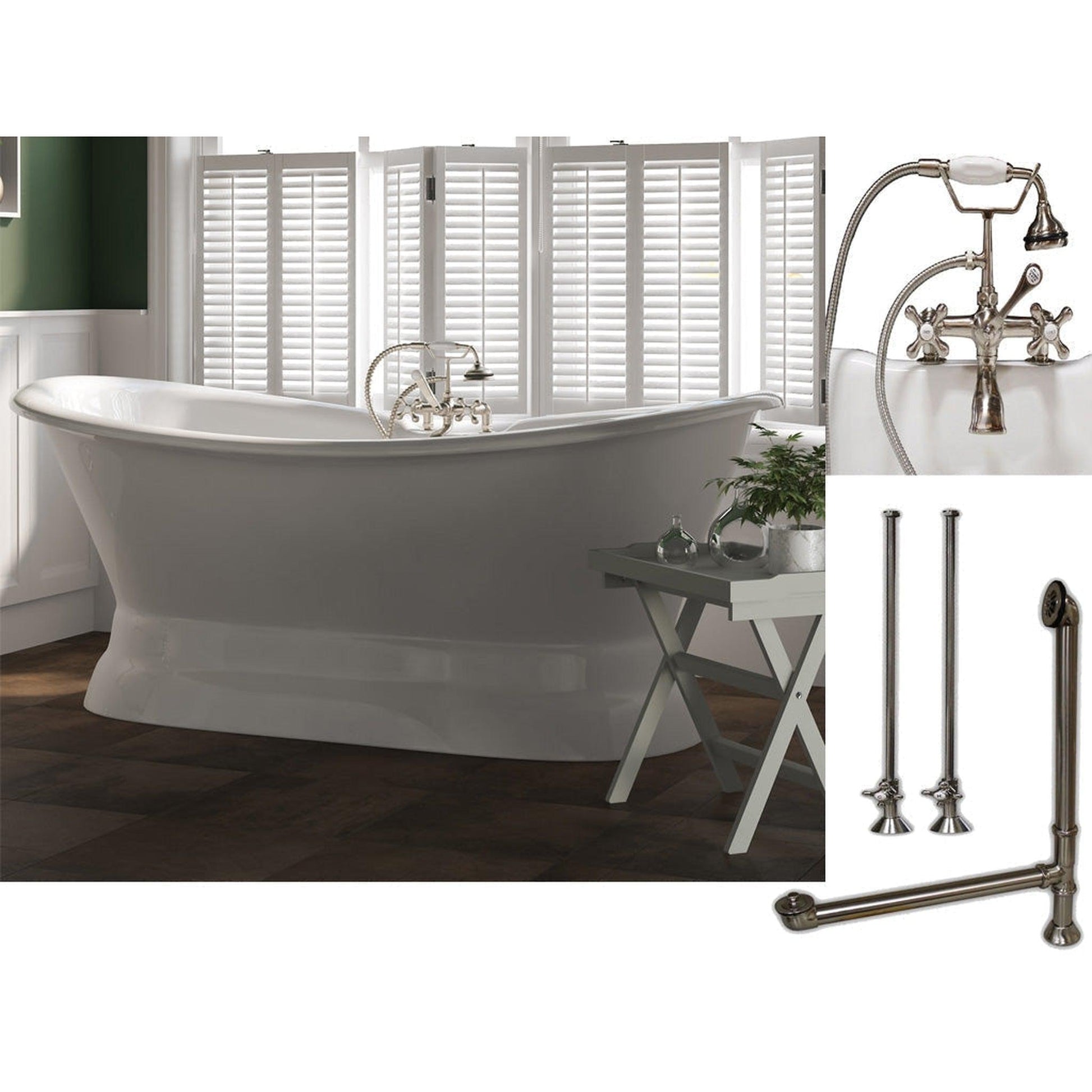 Cambridge Plumbing 71" White Cast Iron Double Slipper Pedestal Bathtub With Deck Holes And Complete Plumbing Package Including 2” Riser Deck Mount Faucet, Supply Lines, Drain And Overflow Assembly In Brushed Nickel