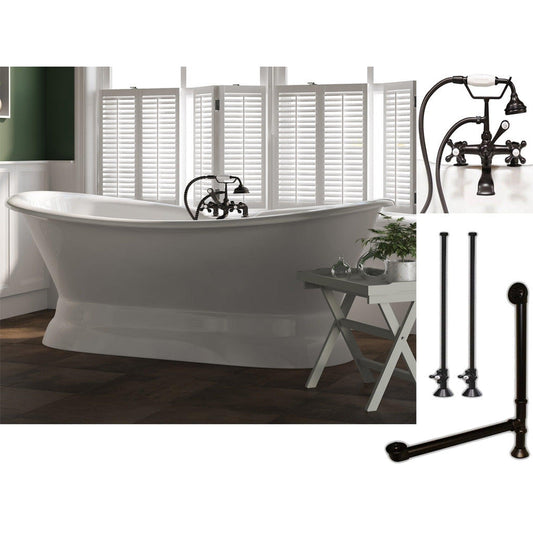 Cambridge Plumbing 71" White Cast Iron Double Slipper Pedestal Bathtub With Deck Holes And Complete Plumbing Package Including 2” Riser Deck Mount Faucet, Supply Lines, Drain And Overflow Assembly In Oil Rubbed Bronze