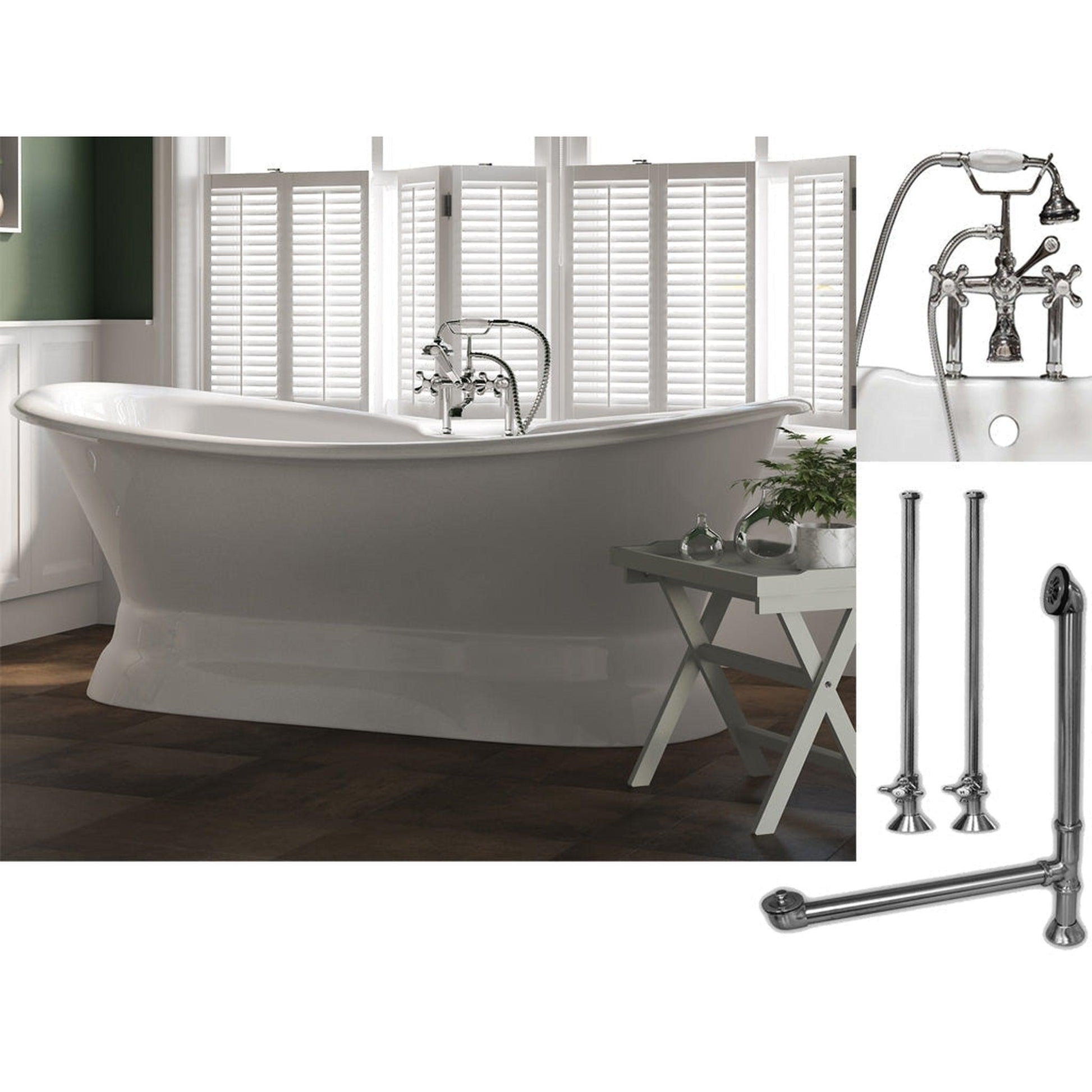 Cambridge Plumbing 71" White Cast Iron Double Slipper Pedestal Bathtub With Deck Holes And Complete Plumbing Package Including 6” Riser Deck Mount Faucet, Supply Lines, Drain And Overflow Assembly In Polished Chrome