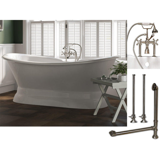 Cambridge Plumbing 71" White Cast Iron Double Slipper Pedestal Bathtub With Deck Holes And Complete Plumbing Package Including 6” Riser Deck Mount Faucet, Supply Lines, Drain And Overflow Assembly In Brushed Nickel