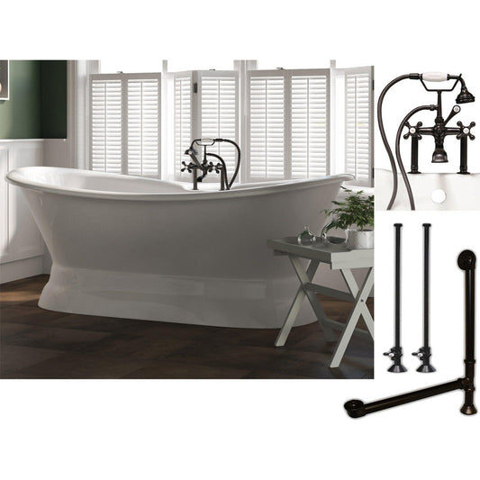 Cambridge Plumbing 71" White Cast Iron Double Slipper Pedestal Bathtub With Deck Holes And Complete Plumbing Package Including 6” Riser Deck Mount Faucet, Supply Lines, Drain And Overflow Assembly In Oil Rubbed Bronze
