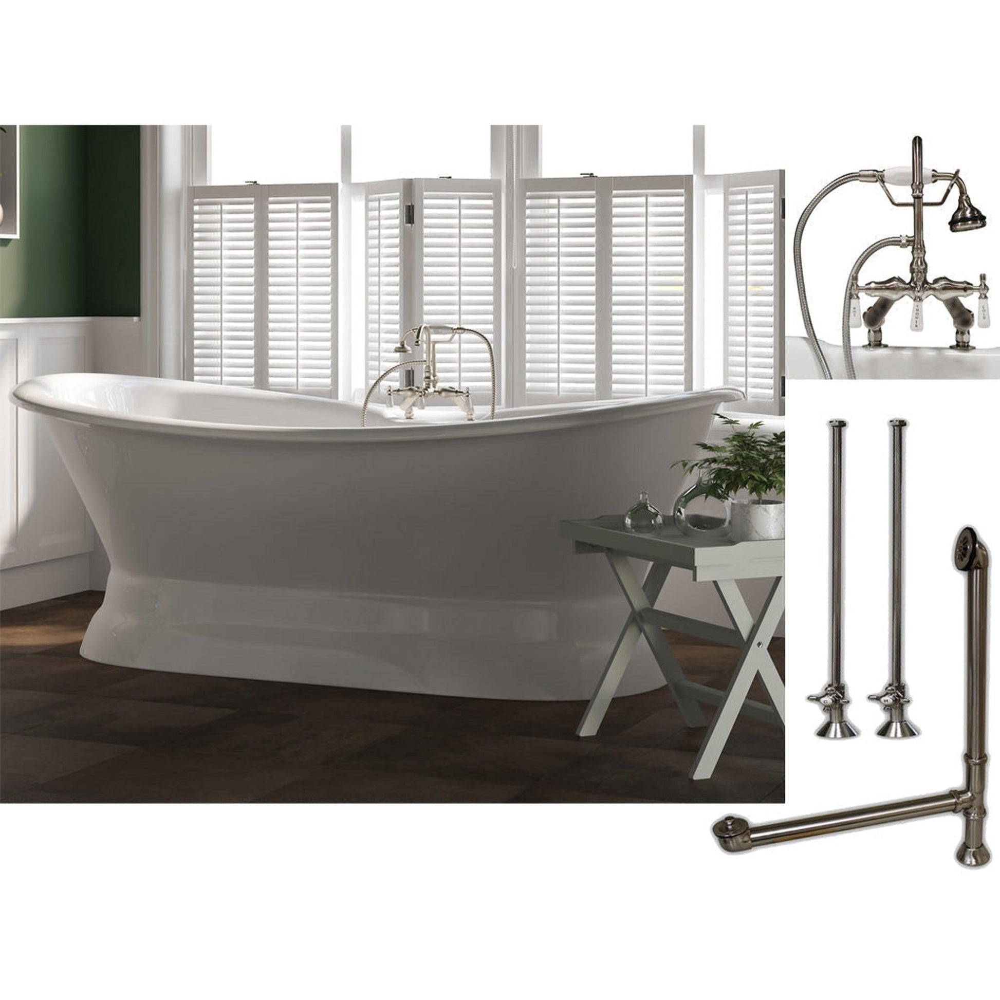 Cambridge Plumbing 71" White Cast Iron Double Slipper Pedestal Bathtub With Deck Holes And Complete Plumbing Package Including Porcelain Lever English Telephone Brass Faucet, Supply Lines, Drain And Overflow Assembly In Brushed Nickel
