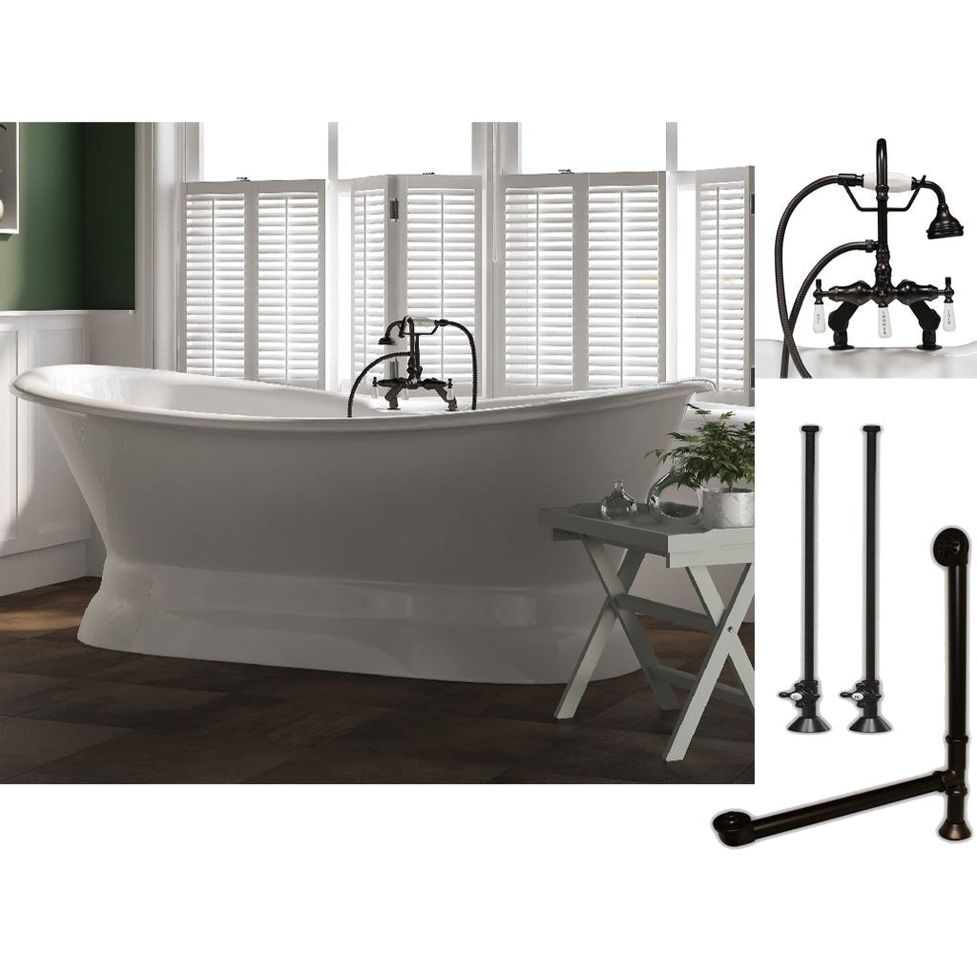 Cambridge Plumbing 71" White Cast Iron Double Slipper Pedestal Bathtub With Deck Holes And Complete Plumbing Package Including Porcelain Lever English Telephone Brass Faucet, Supply Lines, Drain And Overflow Assembly In Oil Rubbed Bronze