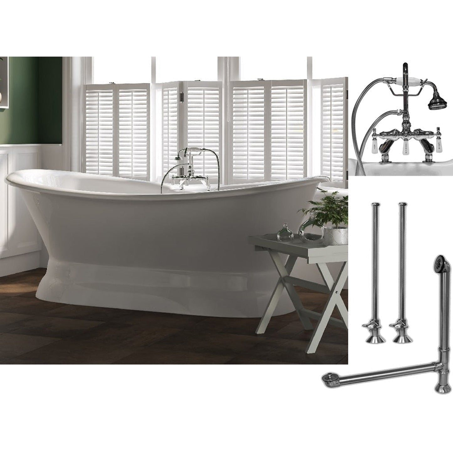 Cambridge Plumbing 71" White Cast Iron Double Slipper Pedestal Bathtub With Deck Holes And Complete Plumbing Package Including Porcelain Lever English Telephone Brass Faucet, Supply Lines, Drain And Overflow Assembly In Polished Chrome