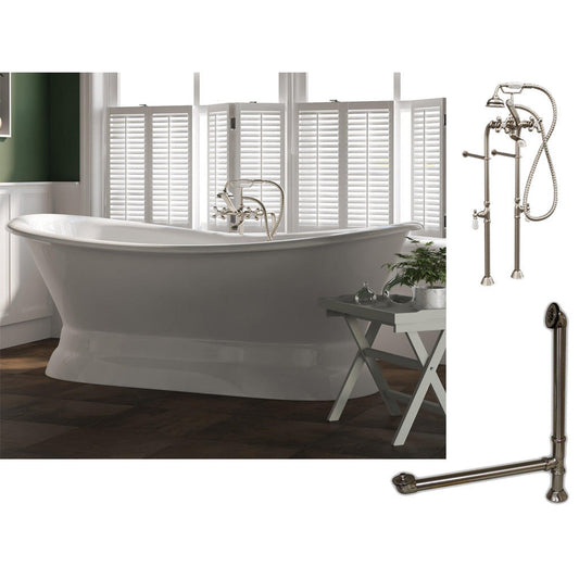 Cambridge Plumbing 71" White Cast Iron Double Slipper Pedestal Bathtub With No Faucet Holes And Complete Plumbing Package Including Floor Mounted British Telephone Faucet, Drain And Overflow Assembly In Brushed Nickel