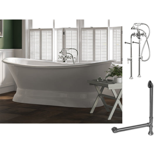 Cambridge Plumbing 71" White Cast Iron Double Slipper Pedestal Bathtub With No Faucet Holes And Complete Plumbing Package Including Floor Mounted British Telephone Faucet, Drain And Overflow Assembly In Polished Chrome