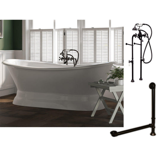 Cambridge Plumbing 71" White Cast Iron Double Slipper Pedestal Bathtub With No Faucet Holes And Complete Plumbing Package Including Floor Mounted British Telephone Faucet, Drain And Overflow Assembly In Oil Rubbed Bronze