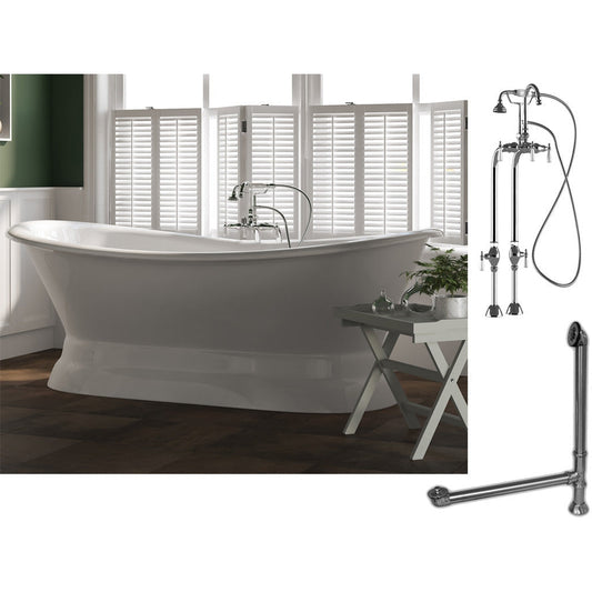 Cambridge Plumbing 71" White Cast Iron Double Slipper Pedestal Bathtub With No Faucet Holes And Complete Plumbing Package Including Freestanding English Telephone Gooseneck Faucet, Drain And Overflow Assembly In Polished Chrome