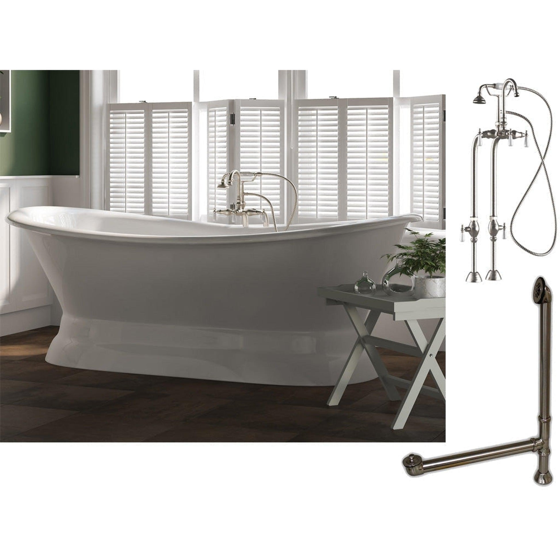 Cambridge Plumbing 71" White Cast Iron Double Slipper Pedestal Bathtub With No Faucet Holes And Complete Plumbing Package Including Freestanding English Telephone Gooseneck Faucet, Drain And Overflow Assembly In Brushed Nickel