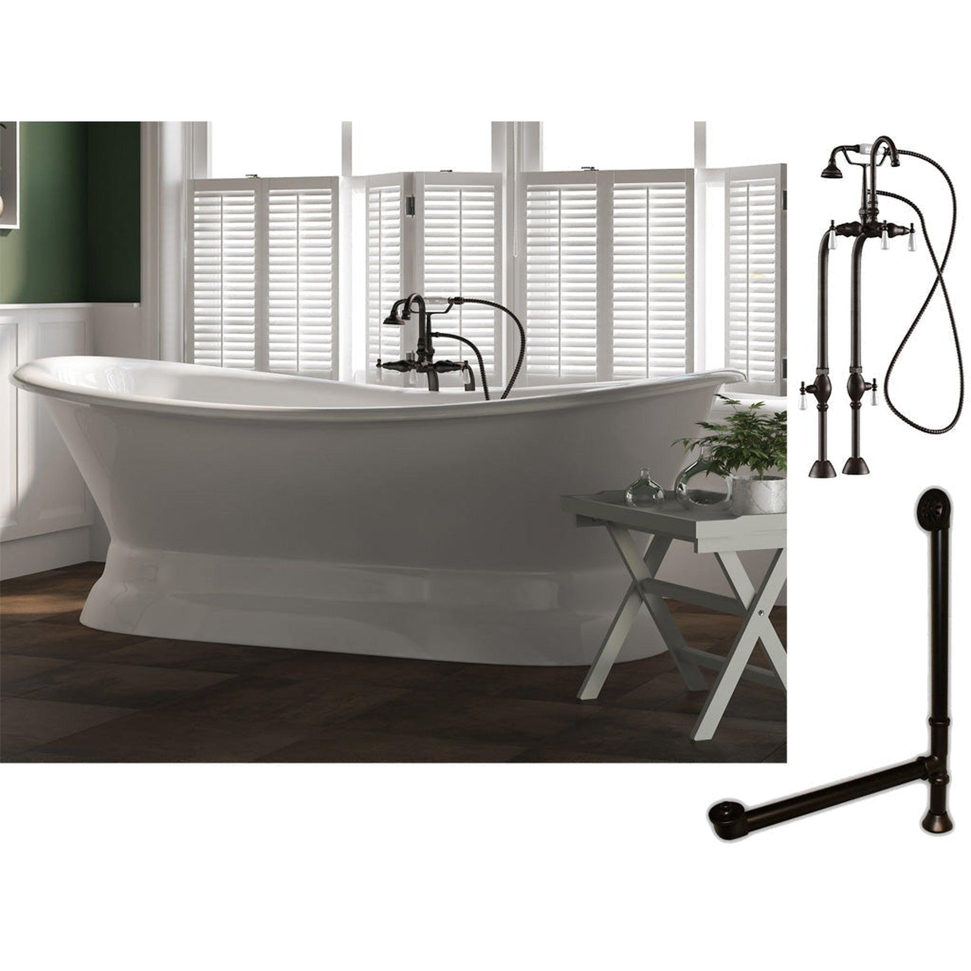 Cambridge Plumbing 71" White Cast Iron Double Slipper Pedestal Bathtub With No Faucet Holes And Complete Plumbing Package Including Freestanding English Telephone Gooseneck Faucet, Drain And Overflow Assembly In Oil Rubbed Bronze