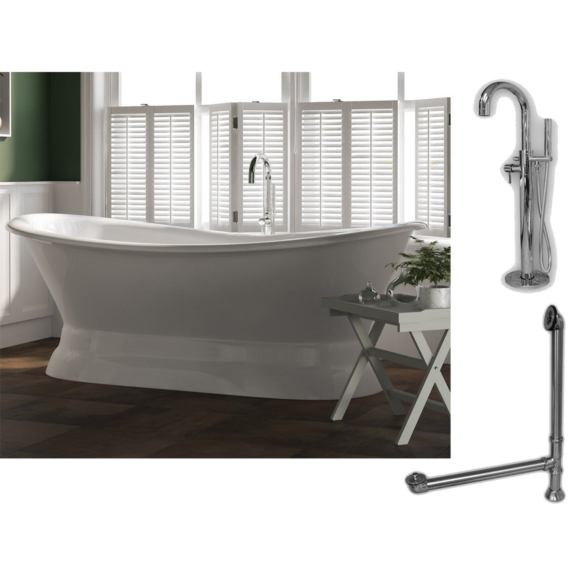 Cambridge Plumbing 71" White Cast Iron Double Slipper Pedestal Bathtub With No Faucet Holes And Complete Plumbing Package Including Modern Floor Mounted Faucet, Drain And Overflow Assembly In Polished Chrome