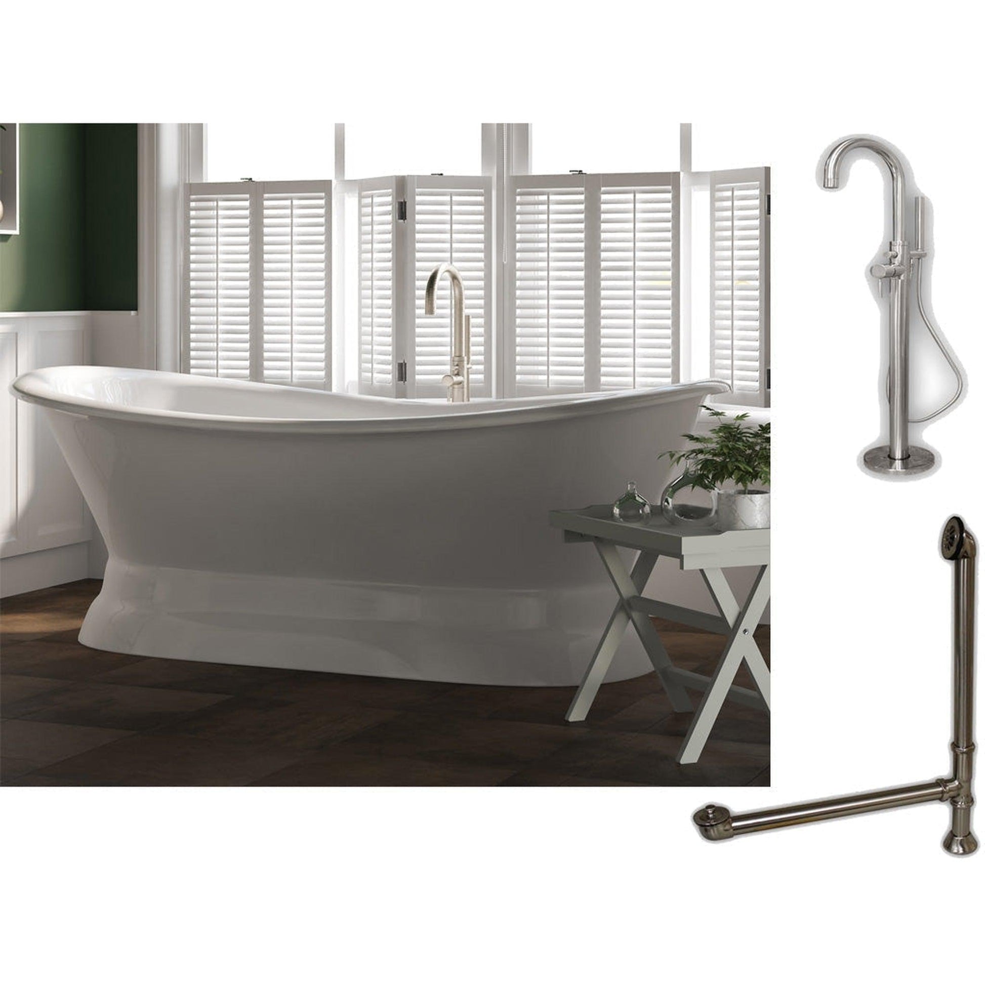 Cambridge Plumbing 71" White Cast Iron Double Slipper Pedestal Bathtub With No Faucet Holes And Complete Plumbing Package Including Modern Floor Mounted Faucet, Drain And Overflow Assembly In Brushed Nickel