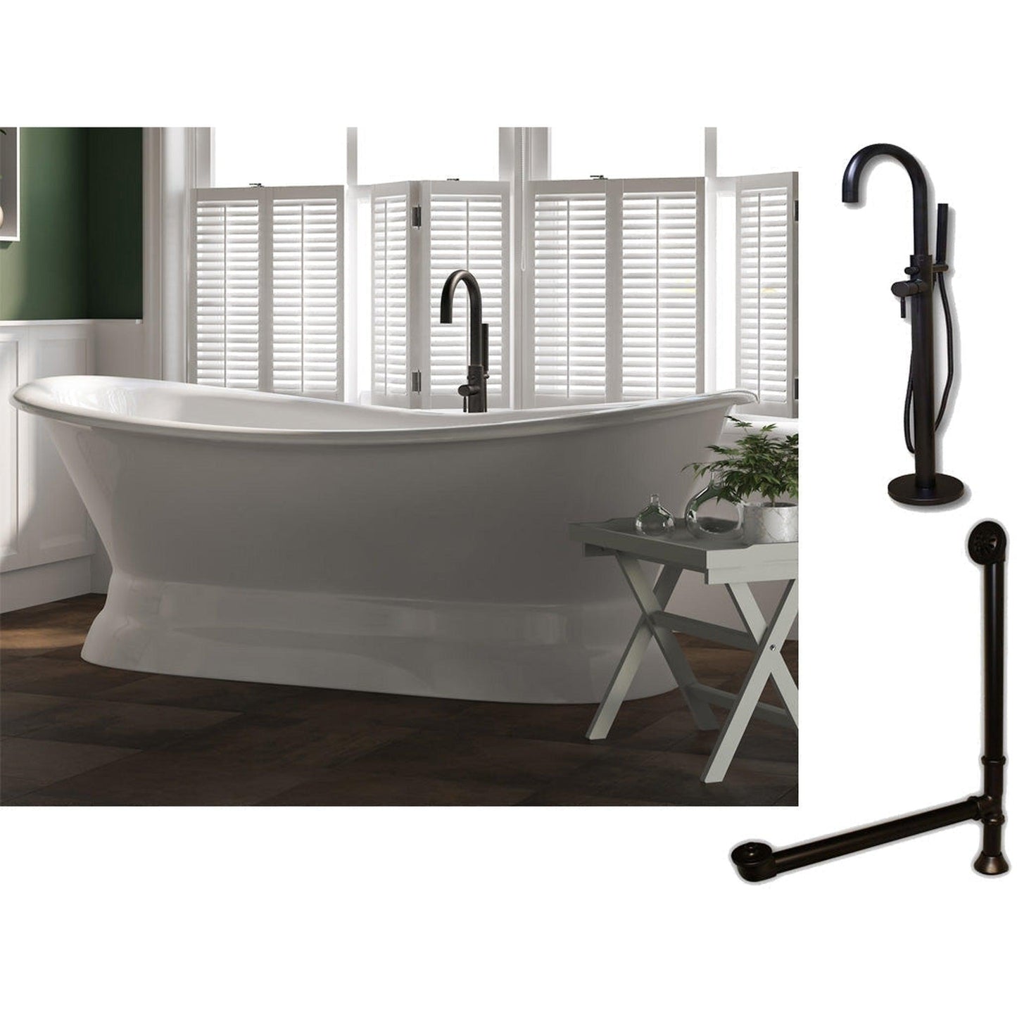 Cambridge Plumbing 71" White Cast Iron Double Slipper Pedestal Bathtub With No Faucet Holes And Complete Plumbing Package Including Modern Floor Mounted Faucet, Drain And Overflow Assembly In Oil Rubbed Bronze